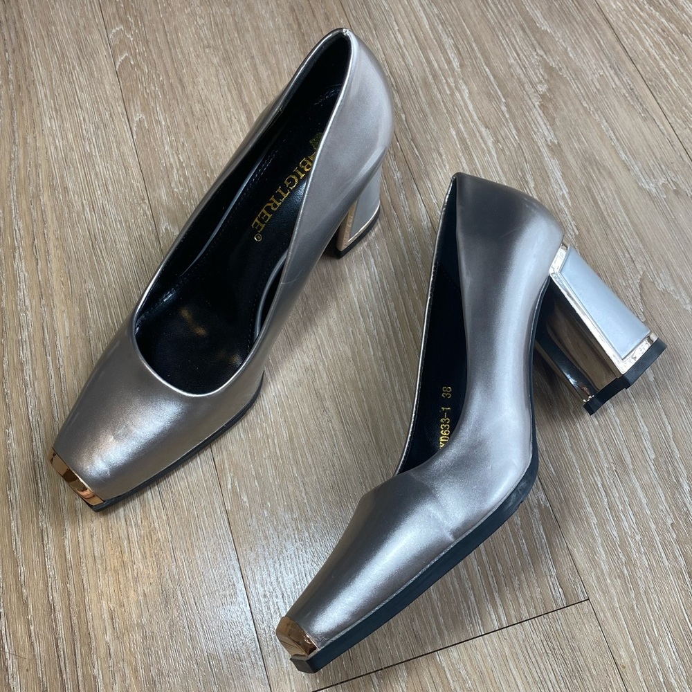 BigTree Silver Metallic Square Toe Pumps w/ Gold Toe & Heel Details